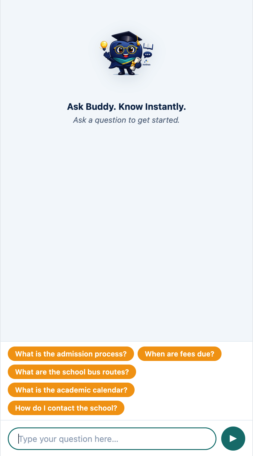 AskShala chat widget welcome screen with suggested parent questions and message input